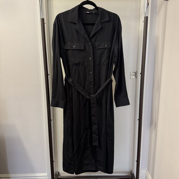 UNIQLO UV Protection Long-Sleeve Black Belted Shirt Dress - size L - Picture 1 of 10